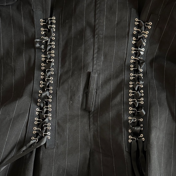 Tripp NYC hot topic y2k double corset Black Pinstripe buckle Trench Coat 0X XL - Picture 3 of 3